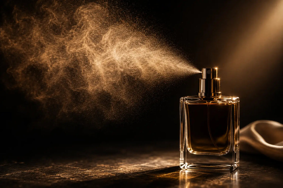 Eleganter Parfumflakon mit sichtbarem Duftnebel und warmer Beleuchtung
