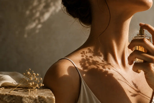 Elegante Frau trägt Parfum auf die Haut auf – Duftentwicklung auf jeder Haut