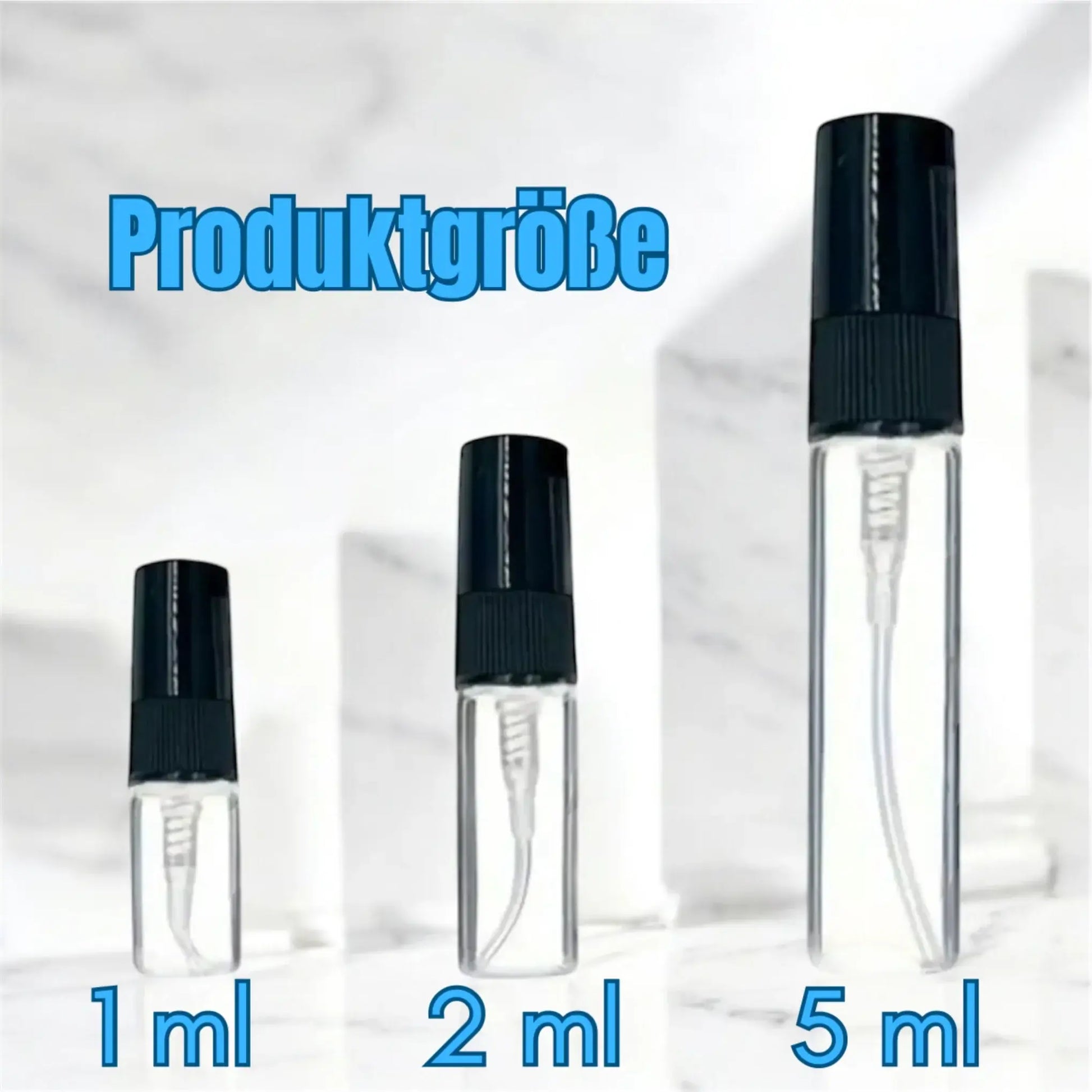 Produktgrößenvergleich für Parfümflaschen: 1 ml, 2 ml, 5 ml, transparentes Design, ideal für Reisen.